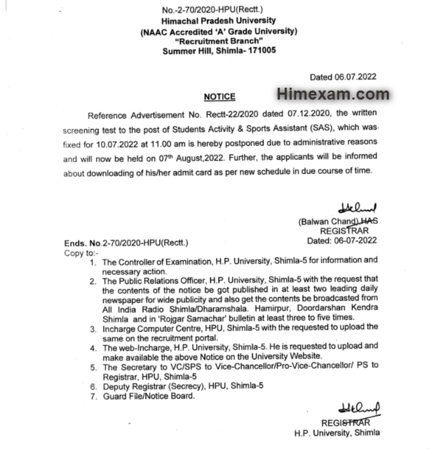 Important Notice for written and screening test to the post of Students Activity & Sports Assistant (SAS):- HPU Shimla
