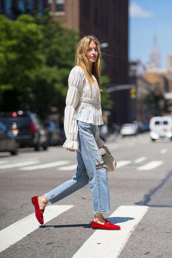 Martha Hunt in a Ruffled Sleeve Top, Jeans, and Red Gucci Loafers — Summer Outfit Idea