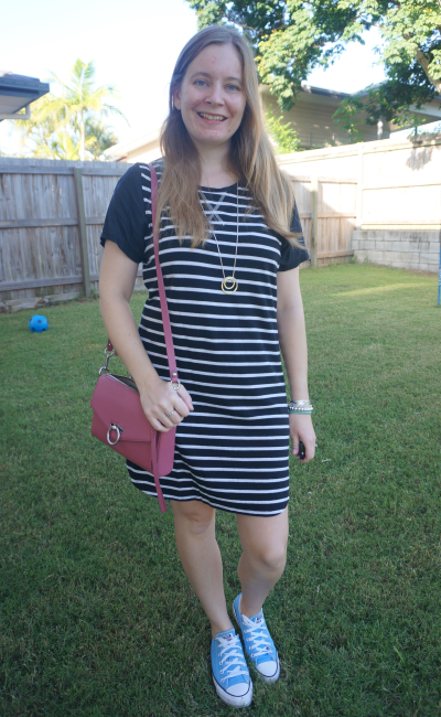 all about eve black and white striped tee dress with converse and jean mac crossbody bag | awayfromblue