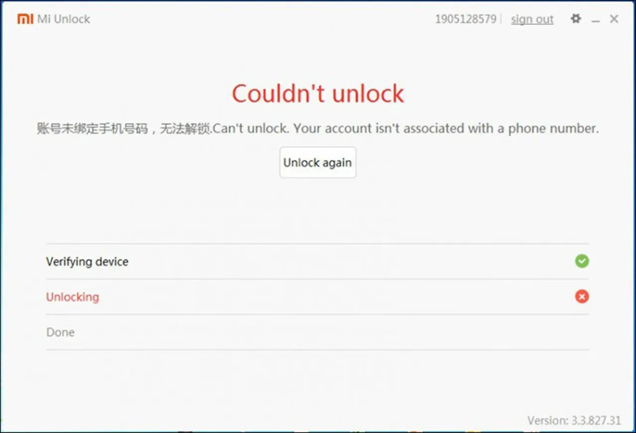 Lỗi Can't unlock. Your account isn't associated with a phone number