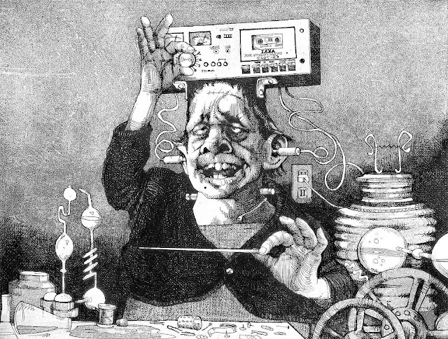 a Charles Bragg illustration of the Frankensein monster enjoying music on a stereo in an advertisement for audio tape cassettess, smile, cross hatching