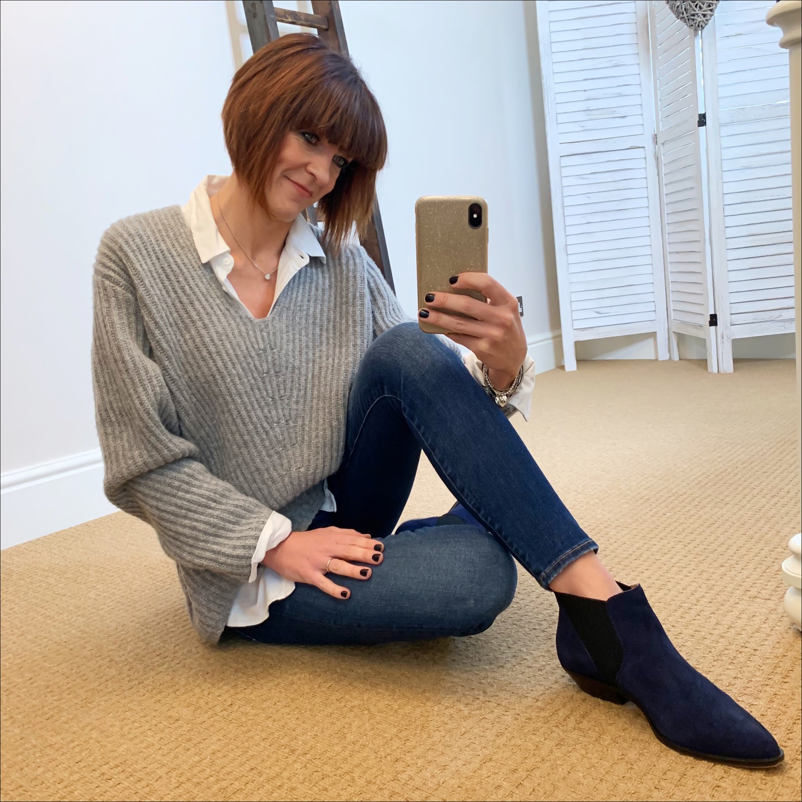 my midlife fashion, baukjen coco shirt, acne studios ribbed v neck jumper, j crew 8 inch toothpick jeans, marks and spencer western heel ankle boots