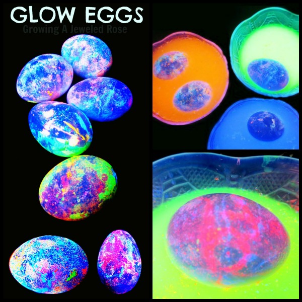 GLOW eggs - made using homemade glowing dye. A NEW, fun, & creative way to decorate Easter eggs with kids (from Growing A Jeweled Rose)