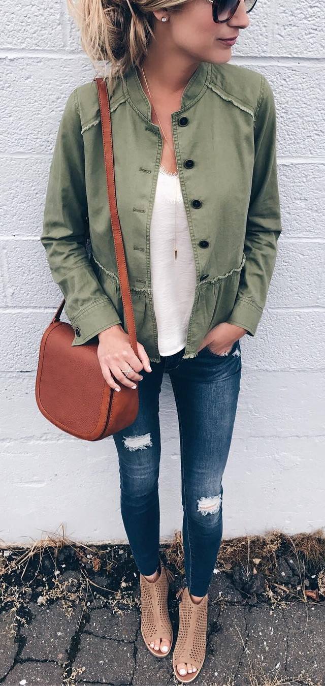 cute outfit of the day : jacket + white top + bag + rips