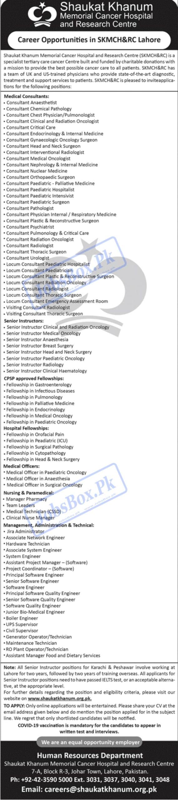 Shaukat Khanum Memorial Cancer Hospital Jobs October 2022