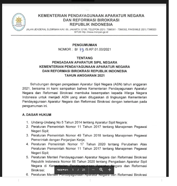 Lowongan Kerja Kementerian Pemberdayagunaan Aparatur Negara dan Reformasi Birokrasi Tahun Anggaran 2021