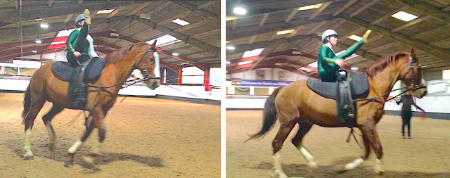 Two images taken moments apart. In each a vaulter is sitting on a chestnut horse who is cantering past the camera. The photo shows the vaulter sitting tall with her right (outside) leg straightened and lifted over the outside handle towards the middle of the horse's neck.