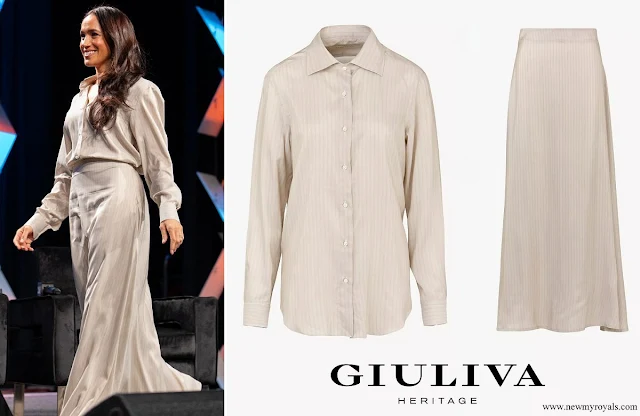 Meghan Markle wore Giuliva Heritage Husband Shirt in Striped Silk and Lena Skirt in Striped Silk