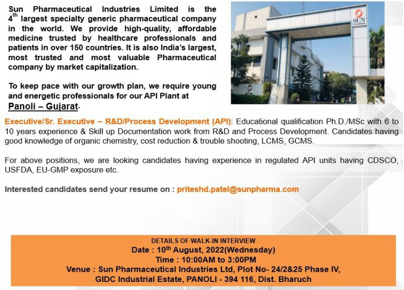 Job Available's for Sun Pharmaceutical Industries Ltd Job Vacancy for Ph D/ MSc