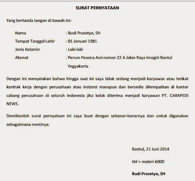 Contoh Surat Pernyataan Kerja