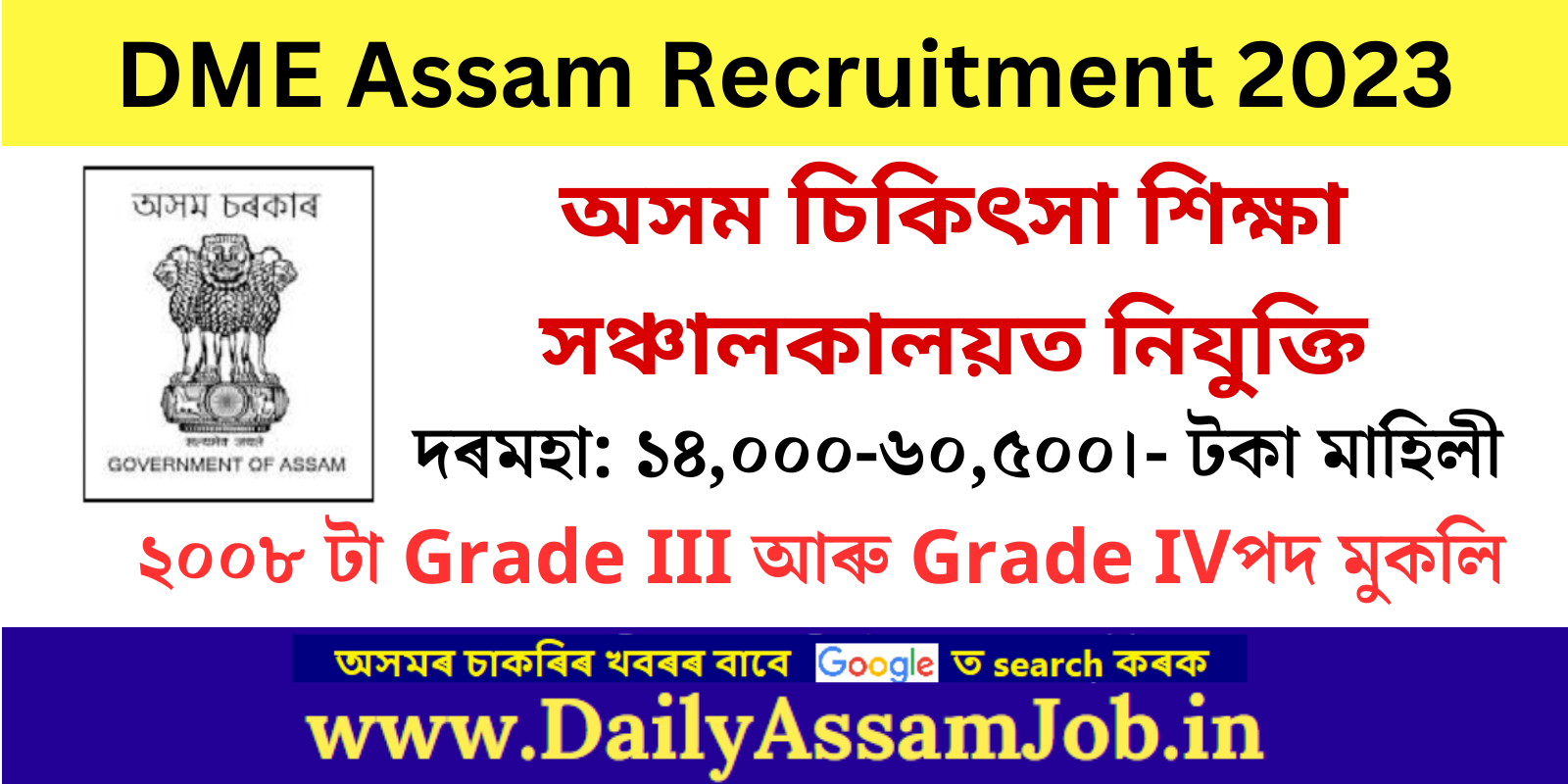 DME Assam Recruitment 2023 for 2008 Grade III & Grade IV Vacancy