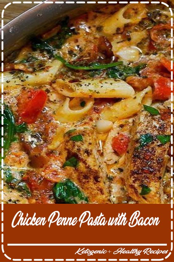 Chicken Penne Pasta with Bacon and Spinach in Creamy Tomato Sauce