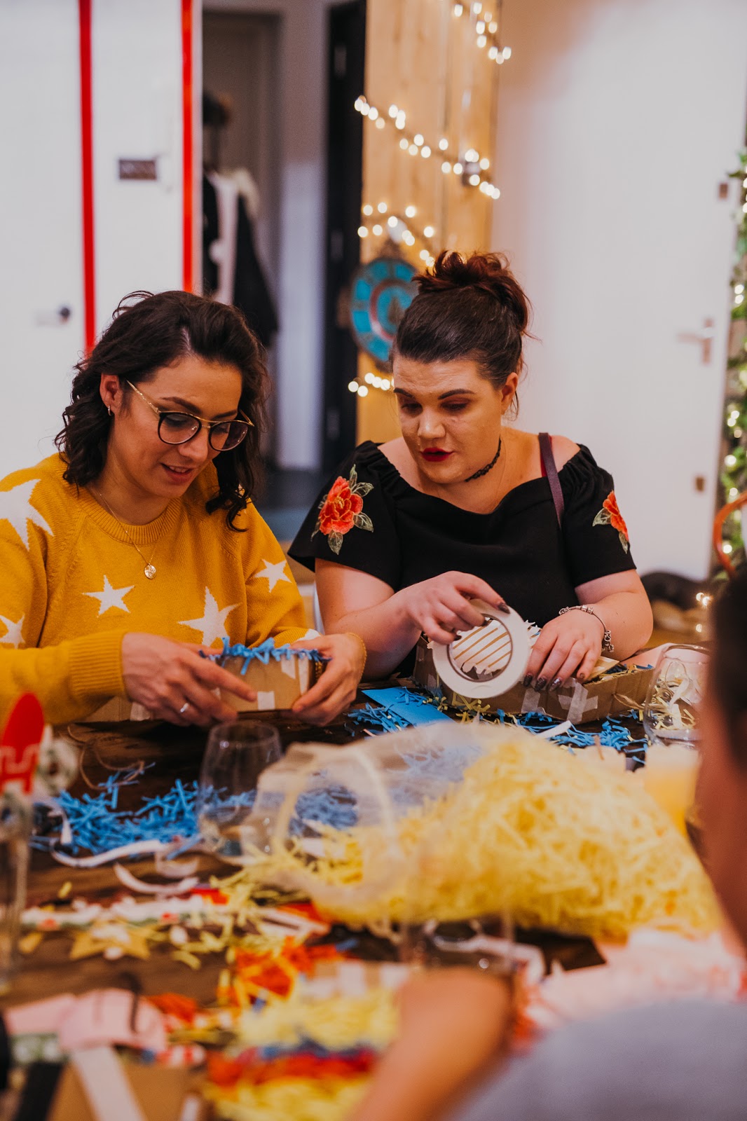 Franny and I talking whilst making pinatas.