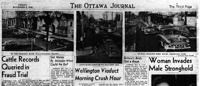 Three-photo spread at the top of the Journal's Third Page with captions 'In the morning rush, Wellington's traffic...' '...joins Scott-Armstrong-Bayview Jam...' '...to fill viaduct with solid, crawling line', and accompanying article headline Wellington Viaduct Morning Crush Hour