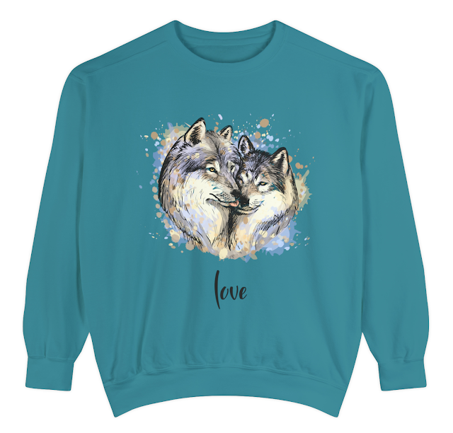 Garment-Dyed Valentine Sweatshirt for Men and Women With Black White and Light Brown Illustration With Wolves