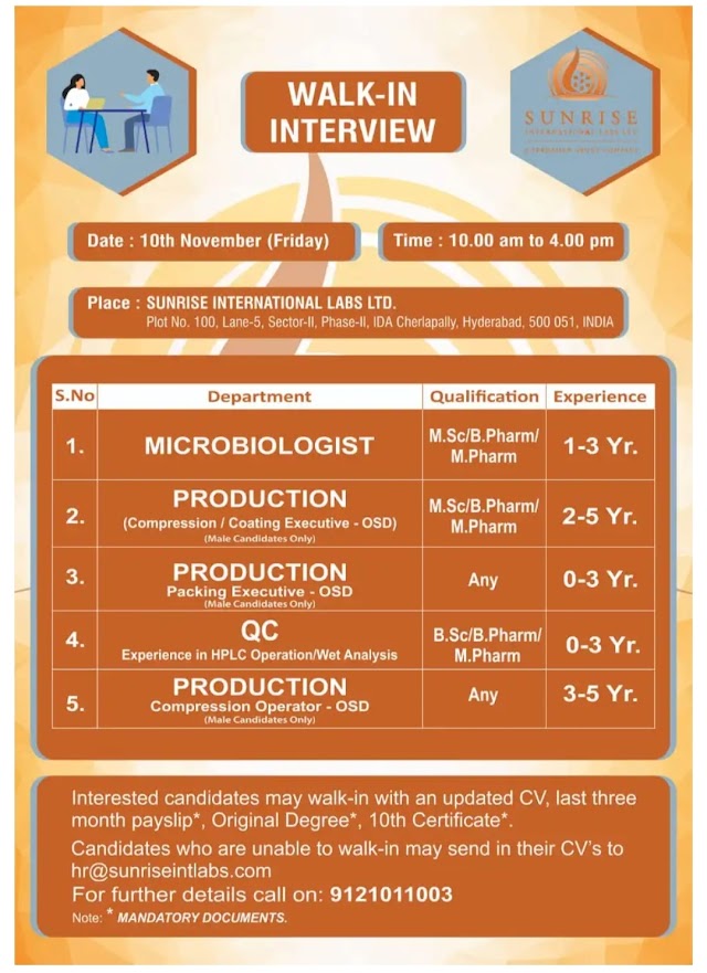 Sunrise International Labs | Walk-in interview for Freshers and Experienced on 10th Nov 2023