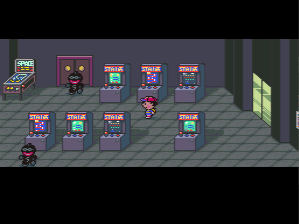 Ness explores the arcade in EarthBound.