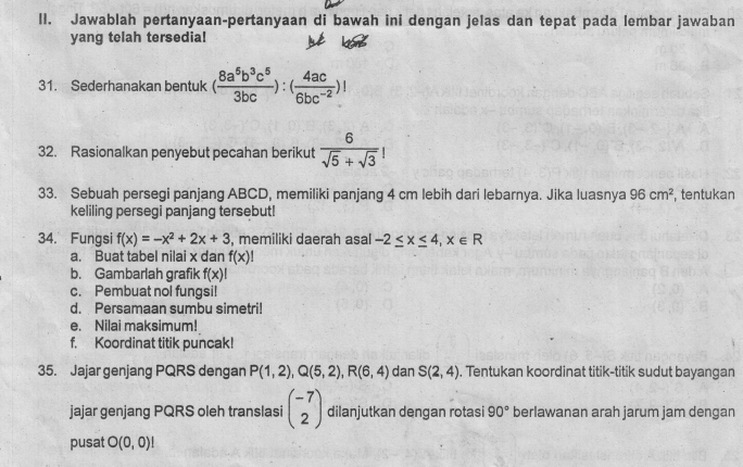 Soal dan Kunci Jawab Siap PAS 1 Matematika SMP MTs Kelas 9