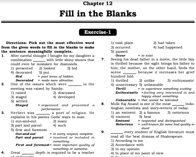  English Fill in the Blanks Points Practice Exercises 
