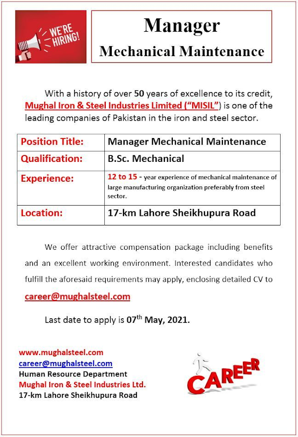 Manager Mechanical Maintenance | Mughal Steel, Lahore