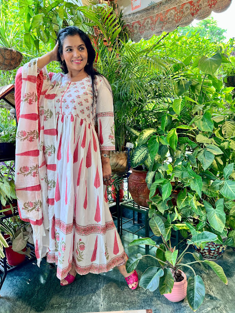 Hand block printed cotton suit with dupatta