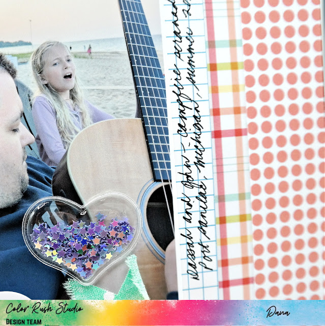 Colorful summer vacation scrapbook layout with oversized cut-out title and fabric flowers created with the Color Rush Studio May Be the Rainbow Kit.