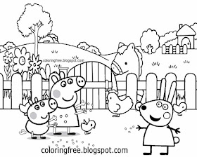 Mummy feeding cute chickens easy farm coloring pages Rebecca Rabbit Peppa Pig printables for kiddies