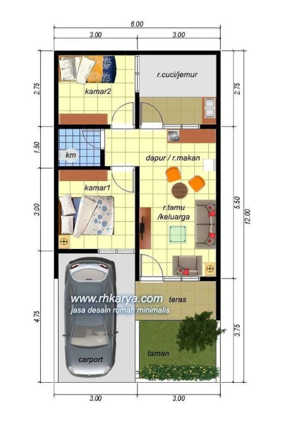 denah rumah minimalis dengan lebar 6 meter 1 lantai