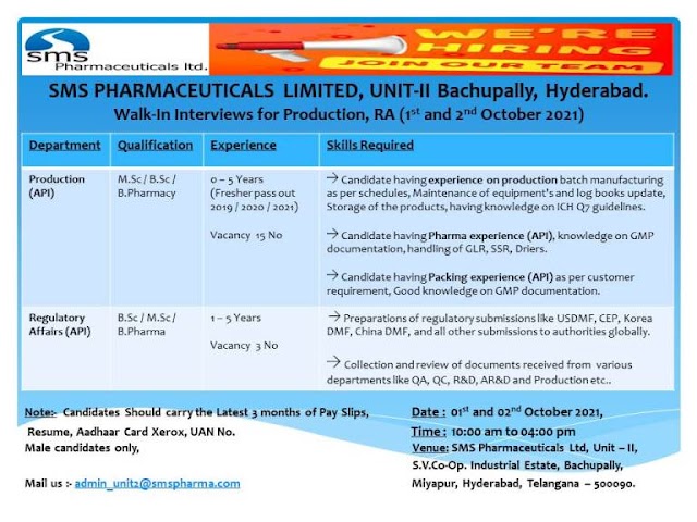 SMS Pharma | Walk-in interview for Production/RA on 1st & 2nd Oct 2021