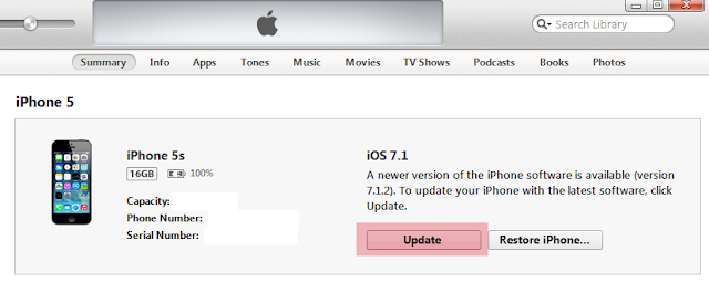 itunes window showing ios update for iphone 5s