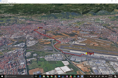 One possible walking route from Bergamo's Orio al Serio Airport to Bergamo's train station.