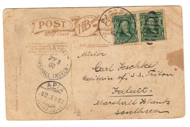 1907 UPU rate postcard from American Samoa to Jaluit, Marshall Island.