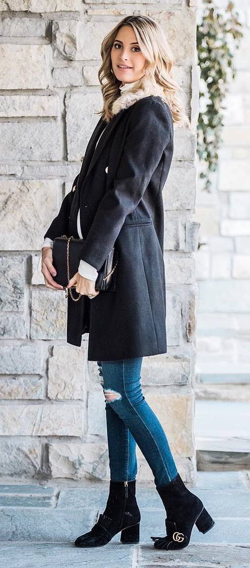 how to wear a coat : bag + ripped jeans + boots + top