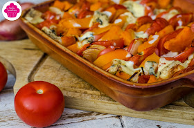 Gratin de patates douces, potimarron, tomates au bleu d'Auvergne