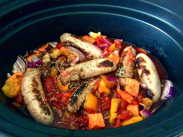 Ingredients for slow cooker sausage casserole in slow cooker