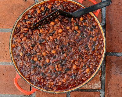 Calico Beans aka Alanna's Famous Cowboy Beans ♥ KitchenParade.com, a potluck favorite. High Protein. Slow Cooker Friendly. Great for Meal Prep.