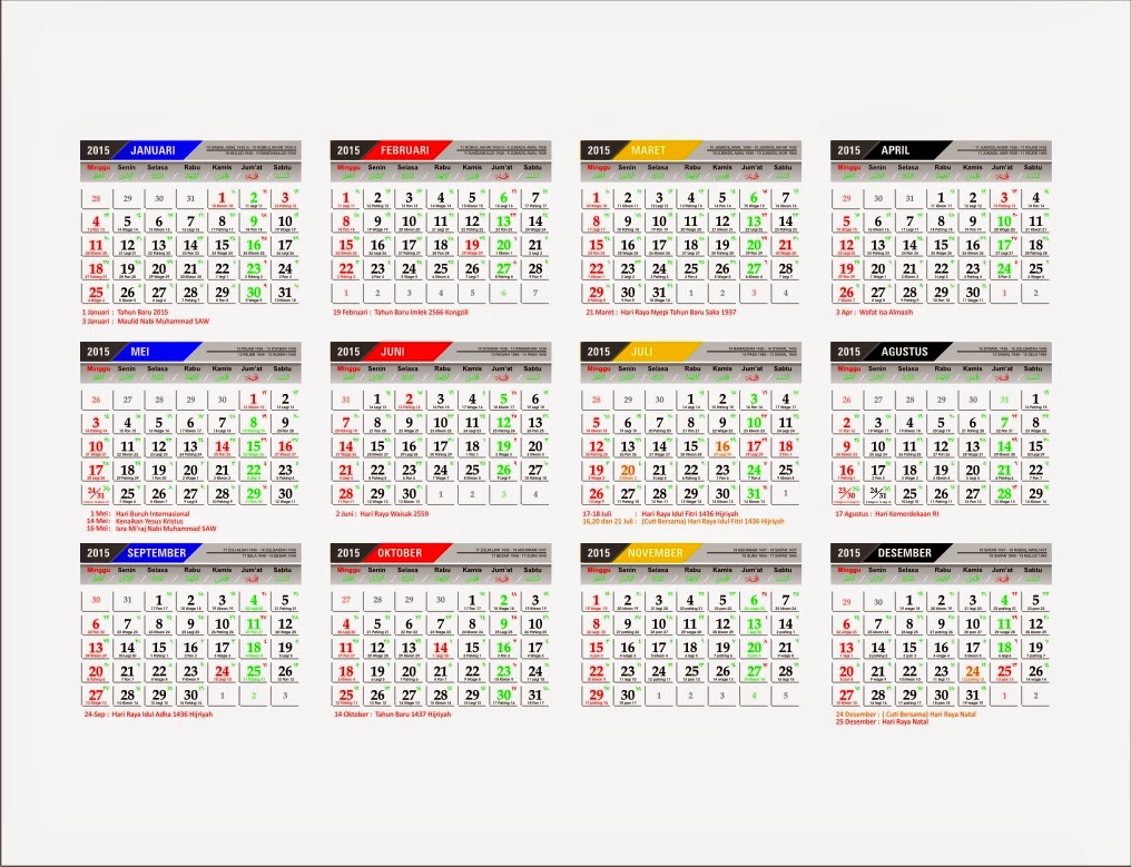 Kalender 2015 Lengkap Hijriyah dan Jawa Format CorelDraw 