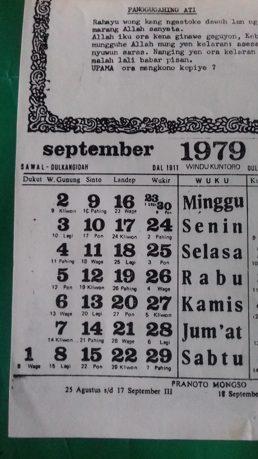 Gudang Barang Lawas KALENDER  JAWA  TAHUN 1979 ADA HARI 