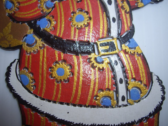 SANTA CLAUS CARRYING SACK OF PRESENTS--HANDMADE IN BALI, WAYANG KULIT-STYLE, HANGING TREE ORNAMENT