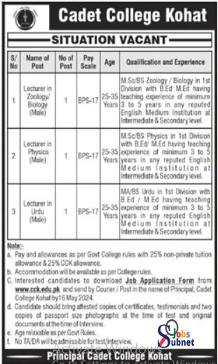 Latest Cadet College Kohat Teaching Jobs 2024