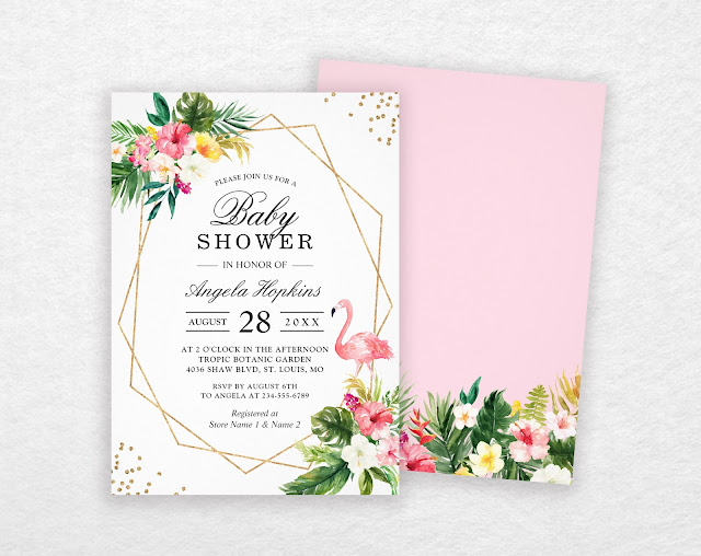  Tropical Floral Gold Glitters Flamingo Baby Shower Card