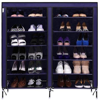 Kaluo 6 Tier 12 Grid Shoe Rack Shoe Tower Organizer Cabinet With Side Pockets, Covered Shelf (Navy Blue)