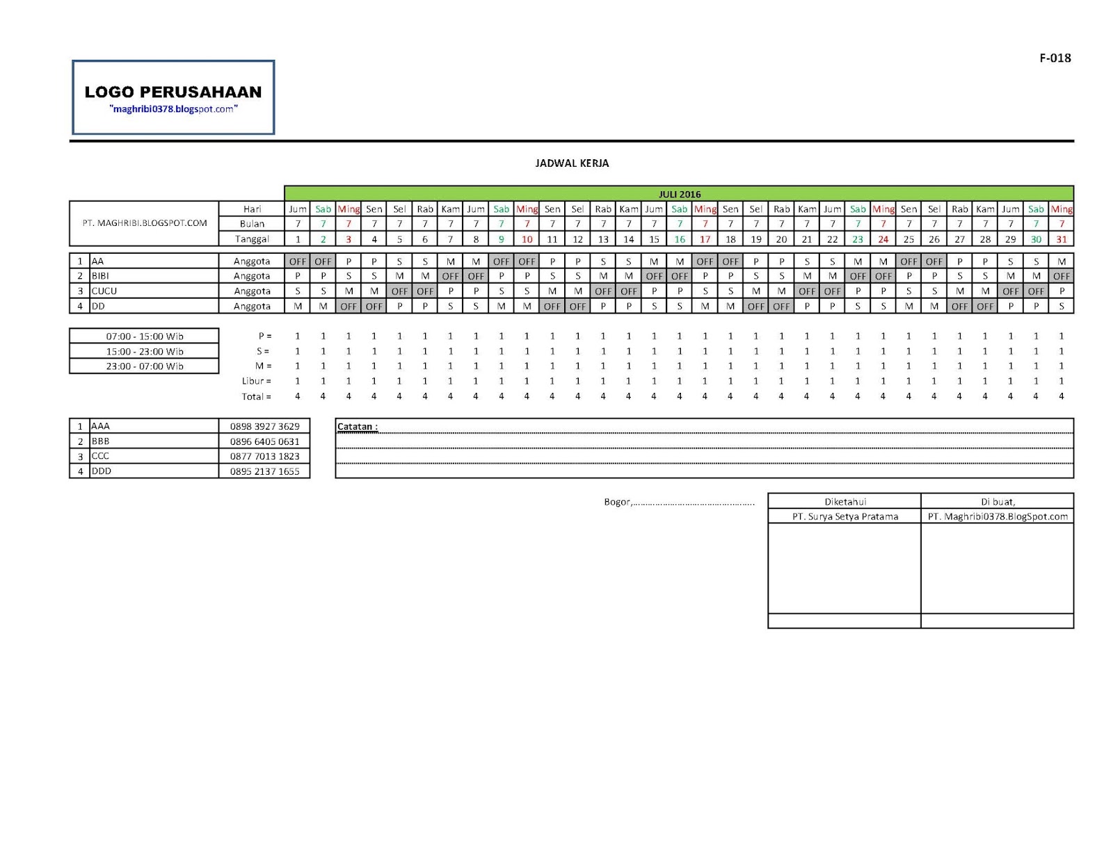 MAGHRIBI : Form-Form Pengendalian: FORM CONTOH JADWAL KERJA