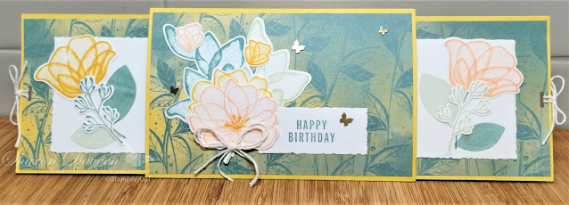 Rhapsody in Craft, #rhapsodyincraft,Daffodil Delight, Translucent Florals, Translucent Florals Dies, Translucent Florals Bundle, Best Trio Punch, Deckled Rectangle Dies, Double Slider Card, Fancy Fold, Birthday Card, Brushed Brass, Butterflies, Stampin' Blends, #colourcreationsbloghop, Hello Irresistible DSP, #loveitchopit, Art with Heart, #artwithheart