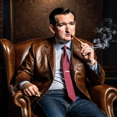 Ted Cruz sitting in a chair smoking a cigar wearing a orange leather blazer