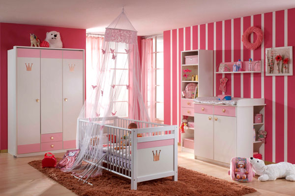 DORMITORIO A RAYAS ROSADO CON BLANCO - DORMITORIO PARA UNA BEBE MUJER - CUNA PARA UNA BEBE MUJER DE COLOR BLANCO Y ROSADO