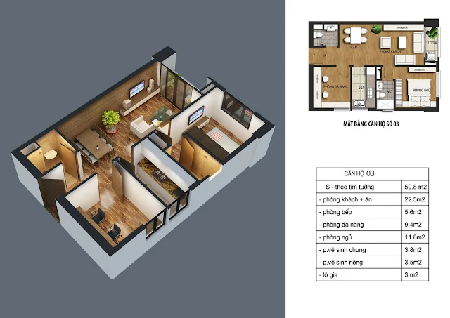 Thiết kế căn hộ 03 dt 59m2 với 01 phòng ngủ