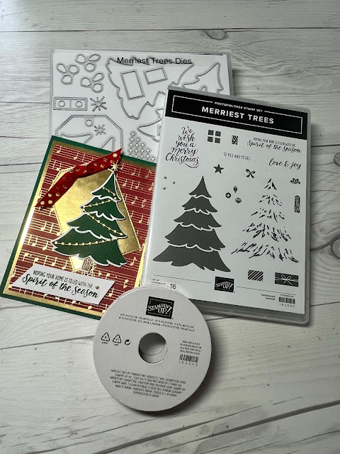 Stamps, dies and accessories used to create Christmas card using Merriest Trees Stamp set