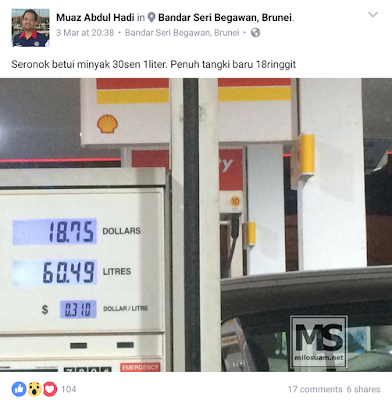 Harga minyak di Brunei hanya 30 sen seliter. Murahnya!!