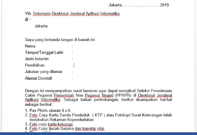 Surat Lamaran Kerja Penerimaan Pegawai Pememrintah Non Pegawai Negeri (PPNPN) Ditjen Aplikasi Informatika 2019, https://foldersekolahku.blogspot.com